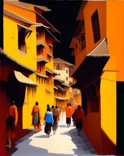 bustling medieval Kathmandu street, thick impasto painting, centered, minimalist, thick sparse brushstrokes, bold colors of orange, beige, yellow, red and black, sporadic tint ink leaks, perfect verticals, amazing parallel