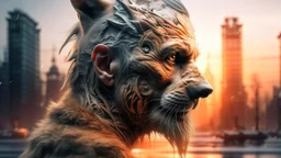 Double exposure, Wolfman, photorealism, man, city, sunset, snow, rain, fantasy, mystical, tattoo, vertical pupils, high detail, high resolution, 8K
