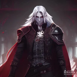 Vampire knight, young man, handsome, long white hair, black full plate armor, red cape