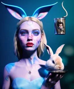 Ultra realistic wonderland portrait, hot, blonde happy woman and white rabbit, smoking a pipe, blue slim dress, circus dress style, black headband with bow, old school tattoo, smoke, marijuana garden, glow eyes, perfect iris, soft color, highly detailed, unreal engine 5, ray tracing, RTX, lumen lighting, ultra detail, volumetric lighting, high definition.