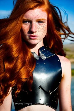 (strikingly beautiful 16 year old charming teen girl:1.2) with (long ginger hair:1.1) and (freckles:1.2) wearing (skimpy leather fantasy armour with halter top and thong:1.3) and (medium cleavage:1.2), tracing, ambient light, highres, (hyperrealistic:1.2), (perfect face:1.1) intricate (high detail:1.1) body, beautiful detailed eyes, plump lips, fantasy theme, Model hash: ddc3021b