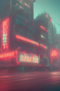 Art deco style architecture cityscape, neon lights, vibrant billboards
