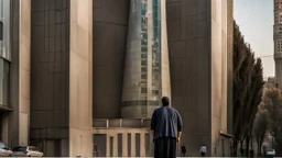 a persian big man in a modern street in Tehran with a tower.