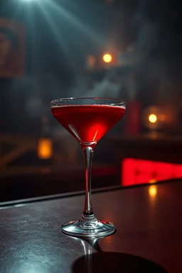 a sophisticated blood red coupe classic cocktail on the bar top, glass close up shot, darkness in background, cocktail is shining in the dark, central position, classic mahogany bar top setting, hazy dimmed lights, old-school movie poster style, fading poster colors, cinematic lighting, ray tracing, illustration themed, minimalist poster style, defined outlines, enveloping dense fog, setting, minimalist,