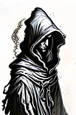 Hooded figure black and white ttrpg sketch art