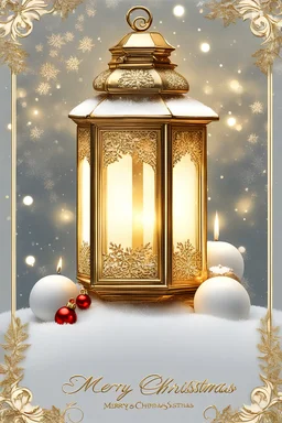 Snow covered Christmas rocoo style llantern in the snow with angel wings portrait adrned with beautiful white rocc floral embossed ornated, style Floral embossed Golden metallic filigree Merry Christmas subtitle text ribbed with red zafire mineral stone and white opal glitter, ad rcoco style christmas bells and christmas candles lights backround organic bio spinal ribbed detail of bokeh rococo christmas lights and snow backroundorganic extremely detailed hyperrealistic maximalis christmas tree p