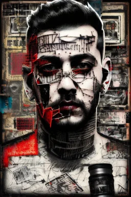 Ultra detailed medium portrait painting of a man, sitting on chair,in jail tattoos, rough look, skinhead ,mascara, evil look, chaos dark background,torn up collage of photo clippings, broken circuitry background, matrix effects, punk visual art, punk art aesthetic, graffiti art, pop surrealism, collage art, cluttered paint glitches