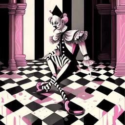 Storybook illustration of a Pierrot Clown, black and white with pink accents, Beardsely style, art nouveau elements, vintage drawing, pierrot vintage, black and white marble floor