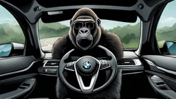 Gorilla wearing thick glasses driving a BMW. Illustration.