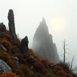 Close-up Ilford photograph of a creepy surreal landscape, rocky spur, eerie, no style, steep, autumn vegetation, very surreal, spooky, metaphysical objects, giant sun, intricate, thoughtful, appalling, deep 3d field, 8k, hypermaximalist, lot of fog