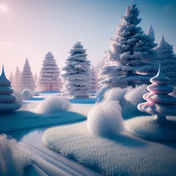 detailed peaceful landscape made of cake frosting, cotton candy, ice cream, strong texture, extreme detail, octane render