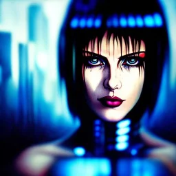 portrait oil on canvas, beautiful punk busty female Ghost in the Shell, intense stare, sad glowing eyes, post-apocalyptic in a cyberpunk city,minimal skintight latex dress, bladerunner movie poster, realistic, intriacte detail,rainy, sci-fi fantasy style, masterpiece, volumetric lighting, particles, highly detailed ,cinamatic , deep colours,8k, in the style of Kaare Andrew