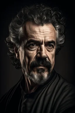 portrait of a man in his fifties, dark goatee, salt and pepper hair, charming, Caravaggio style