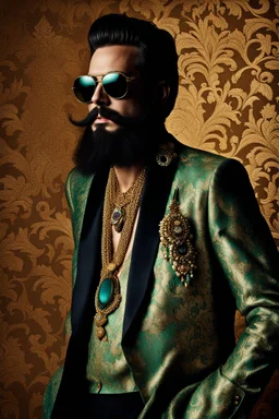 Artistic photo in the audacius style of Jill Greenberg, of man with a luxurious and striking style, abundance of jewelry, oversized sunglasses, neat black beard, feminine manirism, prints, desafiant, extravagant, barroque escene , impasto style with thick texture