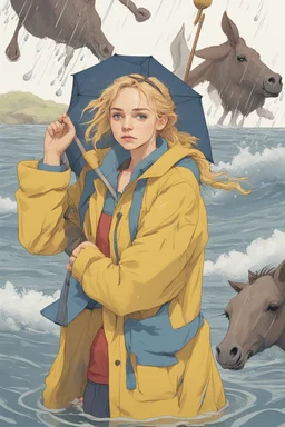 In the music video, a 23-year-old woman with blonde hair and bright blue eyes stands in the sea, se has a high messy bun. fishers hat dressed in a yellow fisherman's jacket. She holds an umbrella, but it offers no protection from the pouring rain. Around her, heavy horses are moving. The rain is pouring heavily. She is standing in the middle of the sea. You can see here completely. She is wearing a fishers outfit. she is running on a treadmill