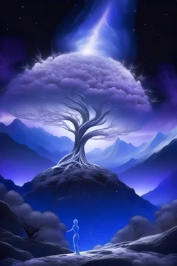 tree of life, mountains, lavender, luminous trunk, luxurious crown in bright lights, glitter, bright lights, neon, mysticism, dawn, starry sky, fantasy realism snowflakes, glitter, shimmering smoke,16k, surrealism, careful drawing of details, clear contour, aesthetically pleasing, threads, professional photo, realistic photo, an incredibly beautiful white landscape, dark botanical, dark fantasy, detailed