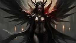 Demonic Elves with Wings,, Full Body Shot, Hyperrealistic, Photorealistic, Instant Details, darkness, by Raymond Swanland & Alyssa Monks & Anna Razumovskaya