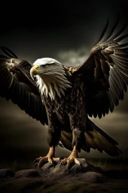 A captivating image of a attacking angry Bald Eagle in its natural habitat., poised on a vast field with a stark contrast between light and dark, conveys a powerful sense of tension. In this expertly captured photograph, the predatory animal stands tall, its muscular frame oozing strength and dominance. The sharpness of every detail accentuates the creature's primal aura, from its razor-sharp teeth and piercing eyes to its sleek, glossy fur. This mesmerizing image.