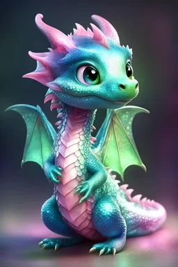 A cute, friendly, shy little Dragon, full body view, shimmering, and green, blue and pink translucent colours, masterpiece, 8K