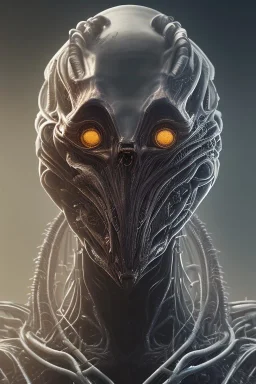 evil predator with crown, alien, brutal face, tron, head, burn eyes, 8k, finely detailed, dark light, photo realistic, hr giger, cyberpunk