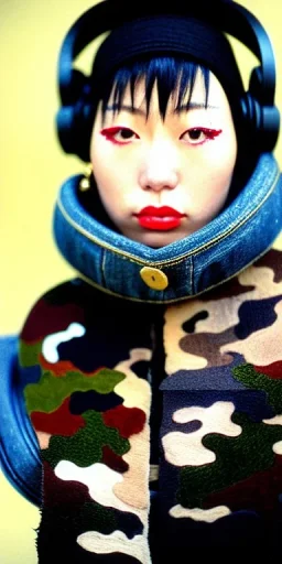 Young fleshy Japanese woman black hair. thick thigh, thick calves. Style: Haute Couture, 1990's, late nineties, street style.Mantle is sewed of recycled Denim and sewed together of camouflage pieces.Big headphones, with gold rings, is merged with small felt cap with small visor. A bag is integrated to the mantle. Patterns are composed of orange, cream, blue, lilac and purple. blue latex somewhere. It is with big bright purple felt tippet and cream-colored-hood. mantle is merged with tippet.