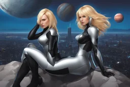 woman in an android-looking catsuit, with shoulder-length blond hair, sitting on a rock, sideways, with a planet behind her, a futuristic city on the horizon