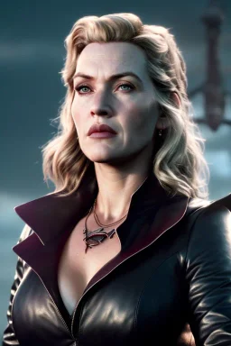 kate winslet as evil queen in leather, busty, cleavage, angry, stern look, unreal 5, octane render,cinema4d, dynamic lighting, dramatic lighting, 4k, redshift render, highly detailed, hyper realistic