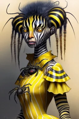 Artist Jean-Baptiste Monge style. A humanoid biomorph Zebra-Spider faced woman. Yellow eyes. A yellow striped ress, covered with spider legs.