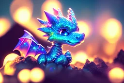 cute chibi anime little dragon, holographic, transparent sparkling crystal mountains in sunshine, ethereal, cinematic postprocessing, bokeh, dof