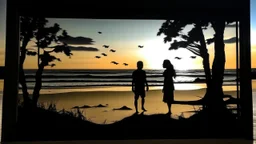 The canvas shows a beach scene with two silhouettes cut out where the sky should be, revealing the sky from the background.