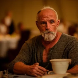 A 60 year old man sitting in the middle of a ballroom, three men and one woman,, 8k, HD, cinematography, photorealistic, Cinematic, Color Grading, Ultra-Wide Angle, Depth of Field, hyper-detailed, beautifully color-coded, insane details, intricate details, beautifully color graded, Cinematic, Color Grading, Editorial Photography, Depth of Field, DOF, White Balance, 32k, Super-Resolution, Megapixel, ProPhoto RGB, VR