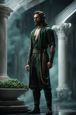 highly detailed marble and jade statue on a plint of a young man. long braided hair and short beard, full body shot, invisible gloves, , volumetric fog, Hyperrealism, breathtaking, ultra realistic, unreal engine, ultra detailed, cyber background, Hyperrealism, cinematic lighting, highly detailed, breathtaking, stunning environment