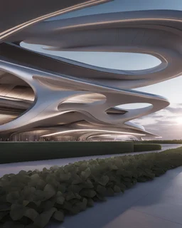 Outside perspective, Zaha Hadid style international airport, unreal engine 5, concept art, art station, ray tracing, RTX, ultra detail, volumetric lighting, 3d