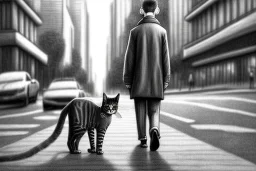 one single mature cat walking on the street, thoughtful, mourning, model style, hyper realistic, extremely accurate, delicate, extremely detailed, Graphic novel style, wide-angle, open aperture, superfine pencil