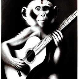 pen and ink drawing by albrecht durer of a monkey playing a guitar, strings