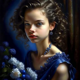 sweet, very fashionable girl, beautiful 20 years old, midnight blue beaded dress, pearl, flowers, light curls, curls, slicked back hair, sweet smile, olive bright eyes, perfect proportions, perfect face, perfect anatomy, perfect hands, sophisticated, backlight , atmospheric, oil painting, pastel pencil, volumetric hyperrealism, over-detailed, photorealistic, professional photography, high quality, clear focus playground