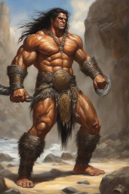 A giant Barbarian, Sandals, (extremely muscular), (Long_flowing_straight_Black_hair), suntanned-skinned, dark_golden_suntanned_skin, earrings, Jewelry, ((chainmail)), extreme action poses, Fighting barbarians, Prehistoric Background, oil on canvas, by Scott Alan Kendall, Amazing, finely detailed, perfect composition, extremely detailed, Original, extremely highres, realistic, best quality, ultra-detailed, Standing up, dark, cloudy skies, mist, fog, majestic mountain peaks,