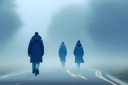 two people without gender seen from behind walking side by side in an empty foggy plain, above there is blue sky