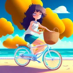 A girl is riding a bicycle on the beach. His cat is sitting in the front basket of the bicycle. Spring flowers can be seen everywhere. Beautiful blue sky with white clouds - kites in the sky. sense of peace. digital art, anime, 8k, full details, colorful, high resolution