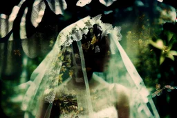 wedding, veil, flowers, blur 5%, double exposure, merged layers, in the first part (near to us) of the picture you can see a plain sandblown smoked glass, engraved with a folk art pattern, the glass is cracked in several places, in some places the glass is broken, crumpled burlap, through it you can see a tropical rainforest with a waterfall, mist, tooth, sunrise