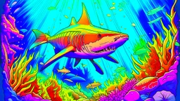 Comic style, realistic coloring, underwater, coral reef, shark