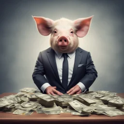 rich pig in suit making stacks of money by making a deal with a buisnessman