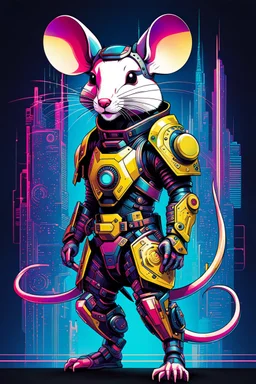 Ilustración lineal arte pop de un ratón con armadura cyberpunk, full body, hiperdetallada, increíble obra de arte, colores complementarios, maximalista