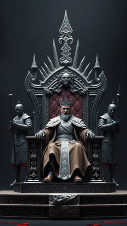 3D rendering of kris kuksi throne. A king setting on the throne, two guards behind the throne w