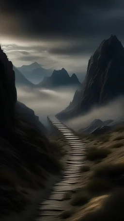 narrow stone path above the ground gradually getting higher into the clouds no railings, dangerous drop people in black leathers medievil period weather is wet spiraling into the clouds fantasy, a mountain with waterfall showing in the background