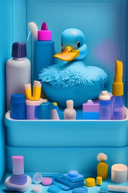 Glamour bath rubber duck. Sitting at manicurists cabinet. Surrounded by nail polishes, files, tools. Use light blue colors, gradient