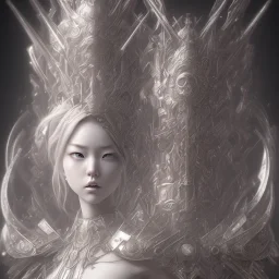 hitomi tanaka, perception of mortality, loose morals, angry at society, disappointed by life, Unreal Engine 5, highly detailed, highest quality, digital painting, complex 3d render, unreal engine render, insane detail, intricate photograph quality, magnificent, majestic, highly intricate, Realistic photography, grand hall, wicked throne, holding scepter, crown of barbwire, dark color palette, metallic, highly detailed, highest quality, digital painting