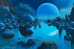 blue exoplanetin the sky, water reflection, rocks, vegetation, otto pippel painting