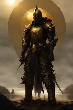 dark fantasy, knight praying, gold sun