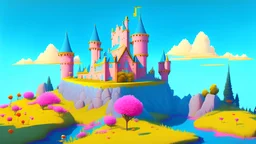 Single castle on a hill, Pink walls, orange towers, yellow flowers on the ground, dark blue roof and aqua blue sky and moat, very detailed and realistic